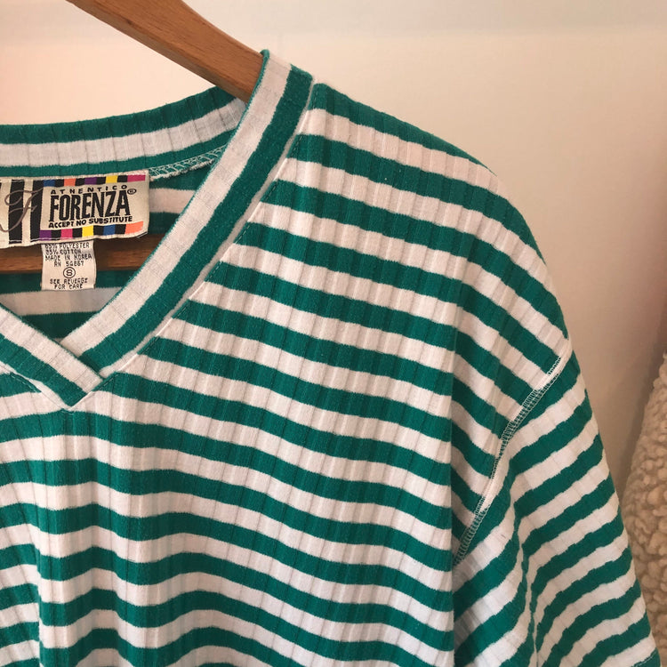 Vintage Ribbed V Neck Green Striped T-Shirt