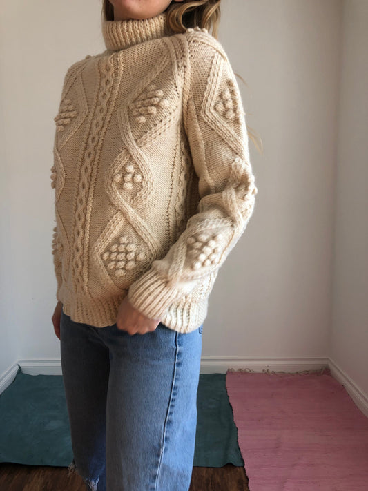 Vintage Cream Popcorn Turtleneck Knit Sweater