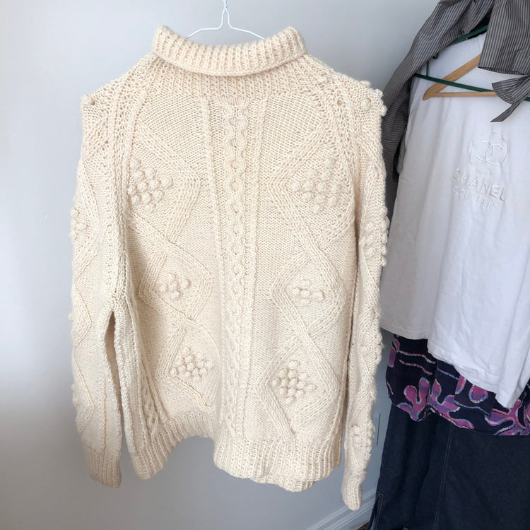 Vintage Cream Popcorn Turtleneck Knit Sweater