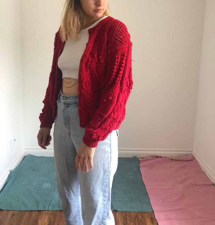 Vintage Chunky Red Knit Cardigan