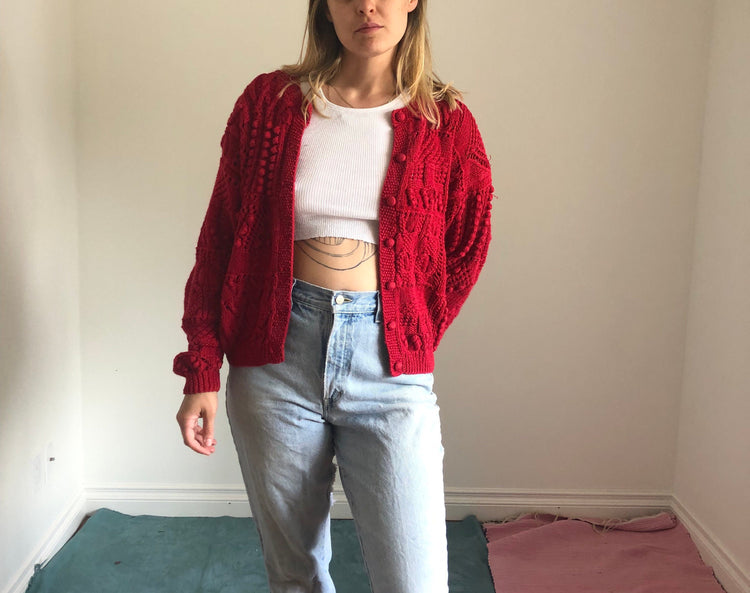 Vintage Chunky Red Knit Cardigan